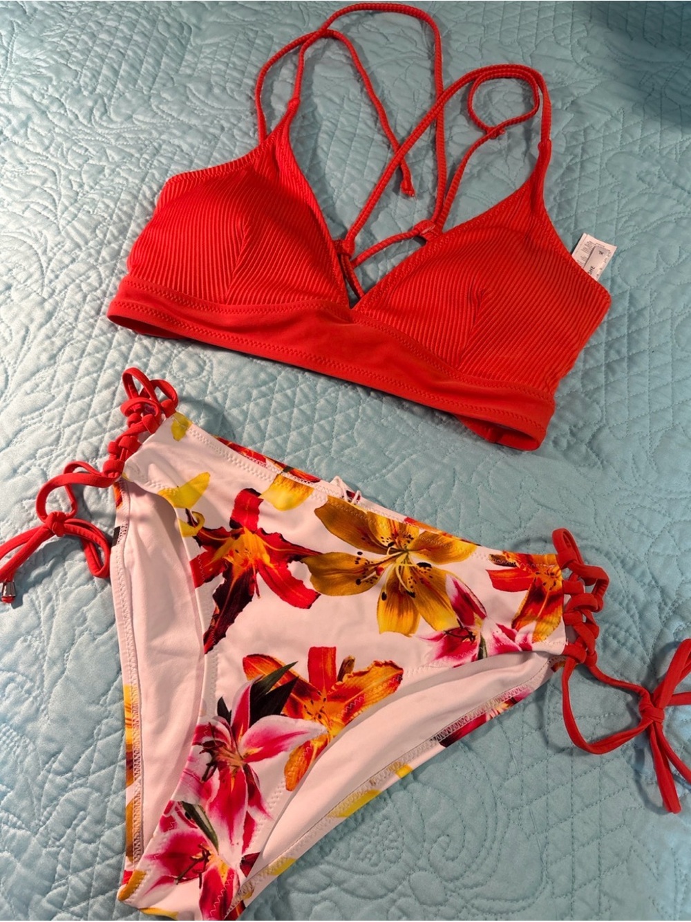 CUPSHE NWT XL Ribbed Coral Floral Lace-Up Bikini Swimsuit Set